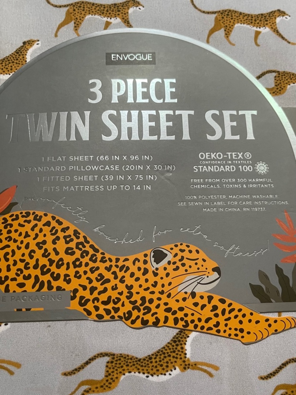 Envogue Twin Sheet Set - Leopard Print Orange and Bluest Gray Background